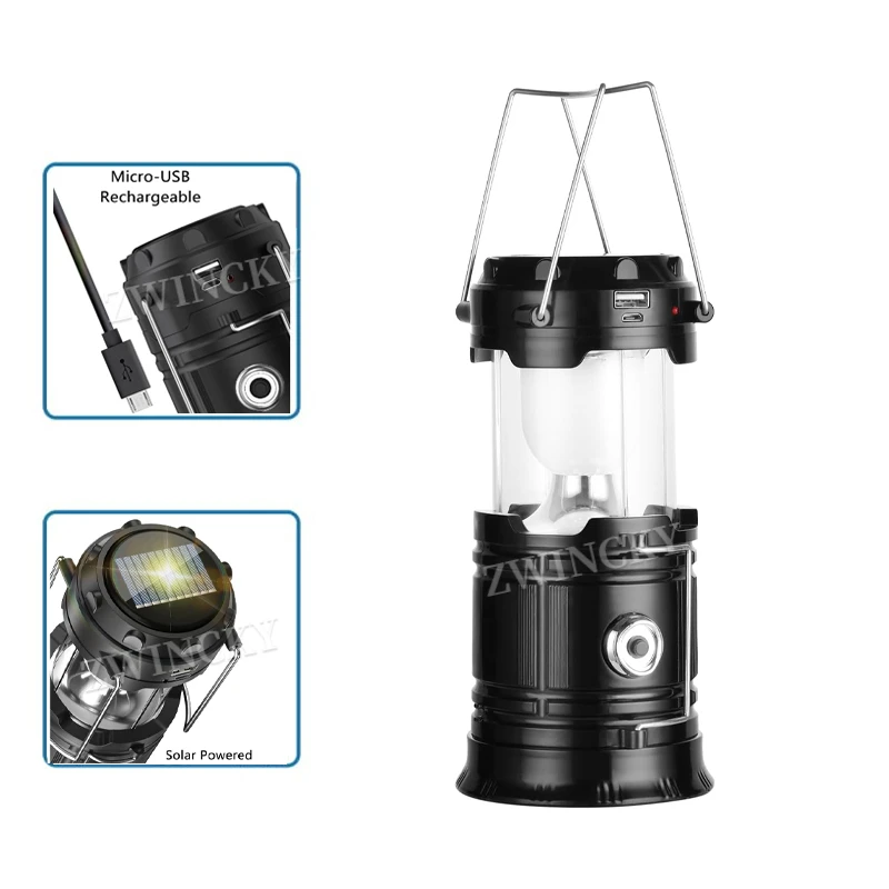 Solar Lantern Flashlights Charging for Phone USB Rechargeable Led Camping Lantern Collapsible Waterproof Portable for Emergency