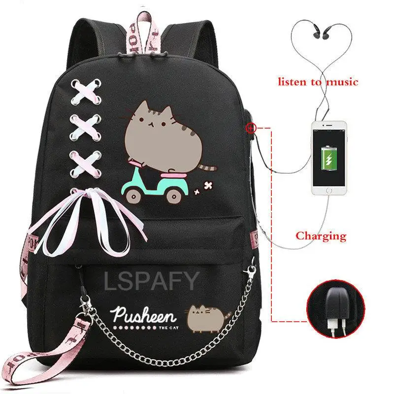 Sac à dos Oxford imprimé chat, Kawaii, pour ordinateur portable, livre d\'école pour fille, à bandoulière, avec chargeur USB, pour voyage, cadeau