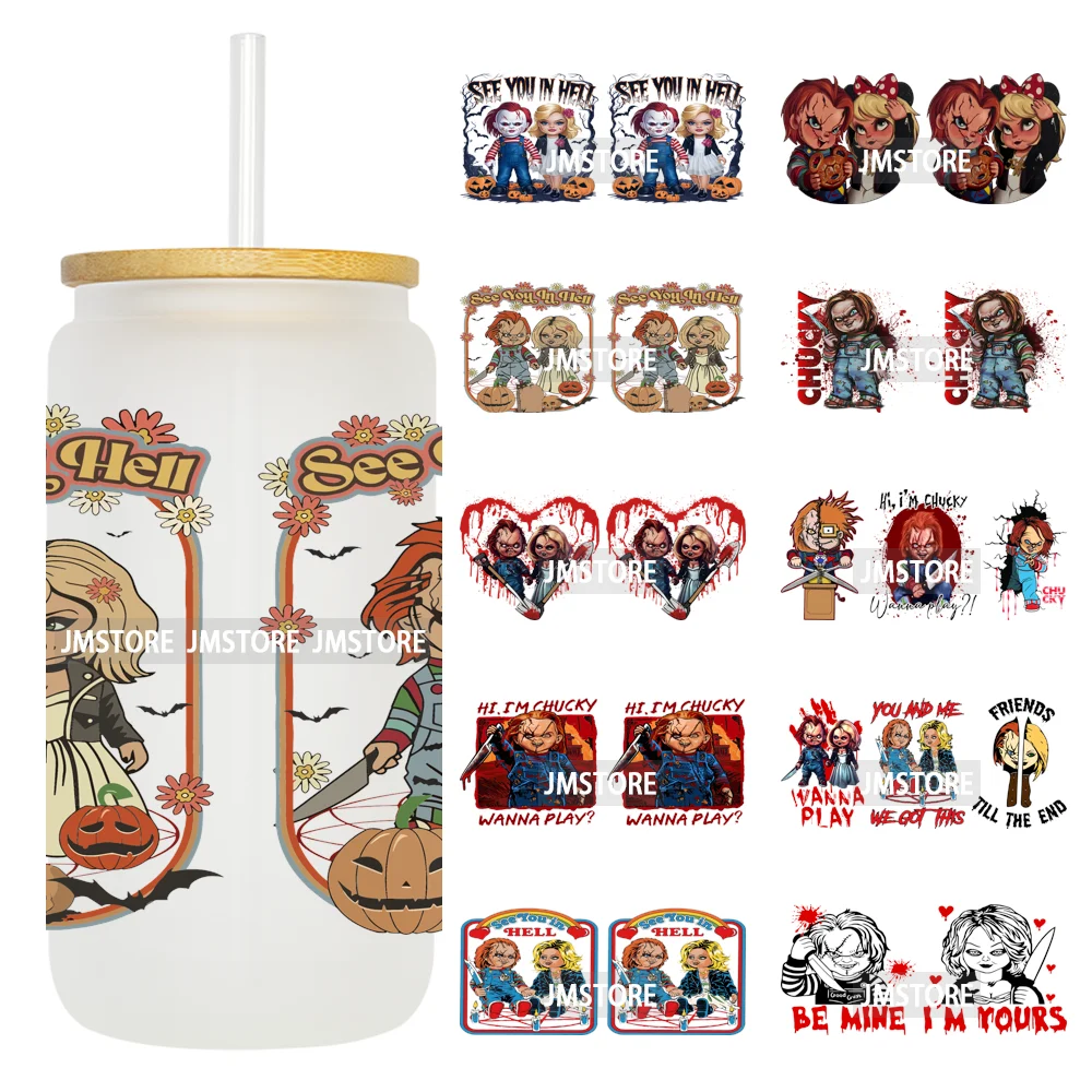 

Страшная пара, Хэллоуин, злодей, УФ DTF, обертка для чашки, готовая к нанесению, переводные наклейки, прочные обертывания стаканов емкостью 16 унций для стеклянной банки Libbey