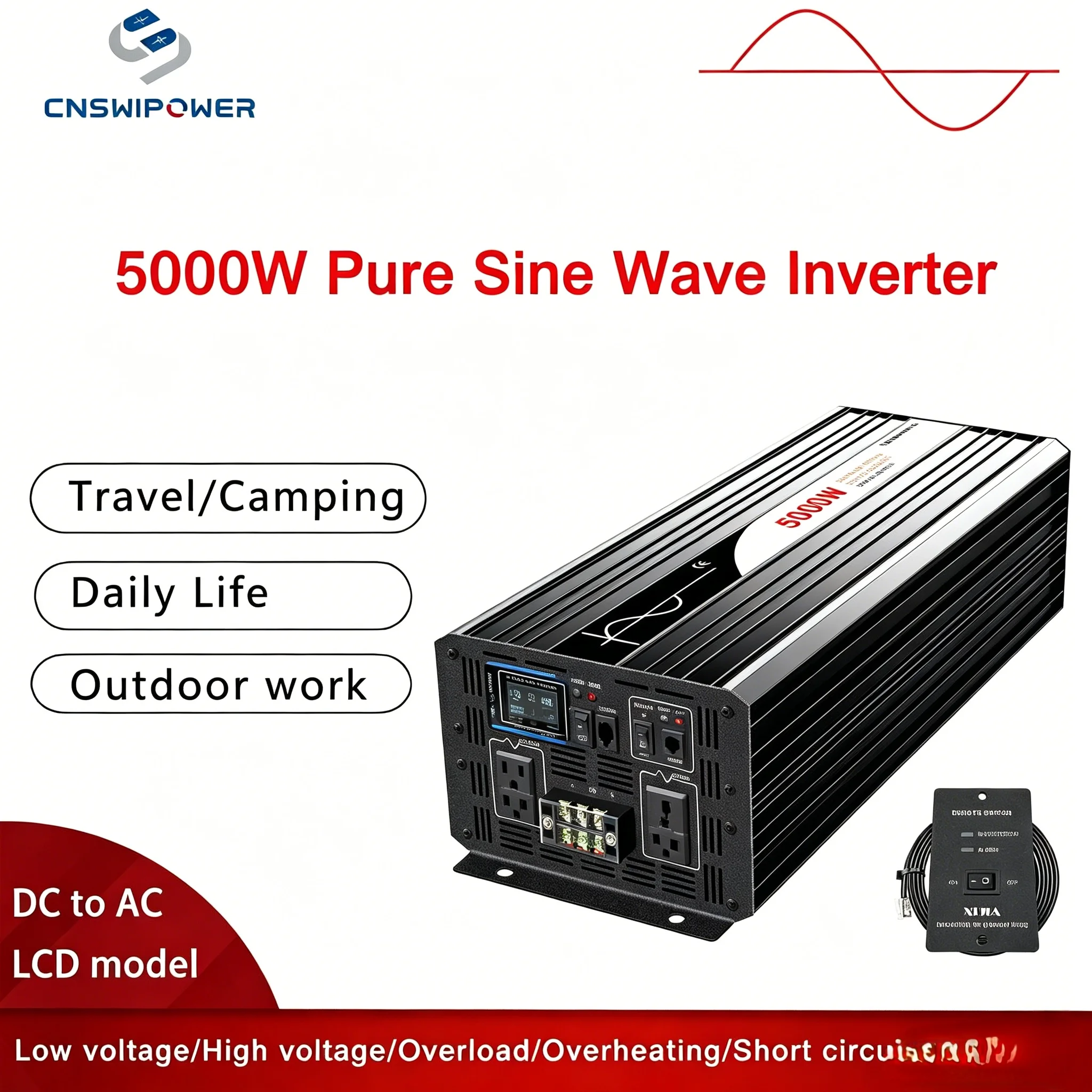 5000W Pure Sine Wave Power Inverter DC to AC Solar Inverter Custom Outlet Support ROHS Standard