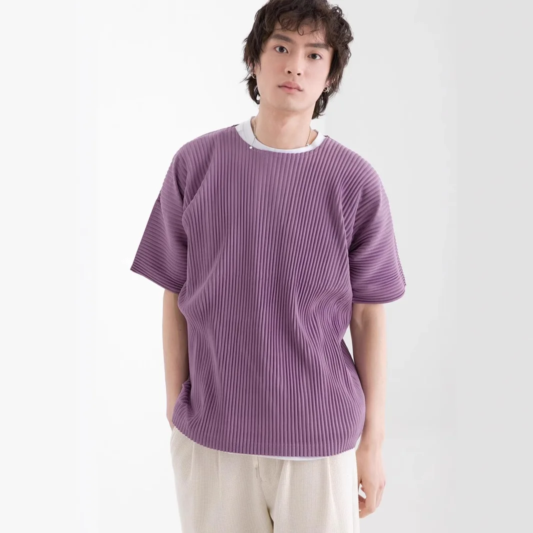 Miyake Summer New 2025 Crew Neck Short Sleeve Pleat Fashion Loose Pleated Men's Loose Pleated Comfort Trend Top Casual T-Shirt