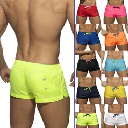 Calção de banho de secagem rápida masculina, cintura baixa, calça de praia sexy, shorts esportivos, cor sólida, europeu e americano, novo