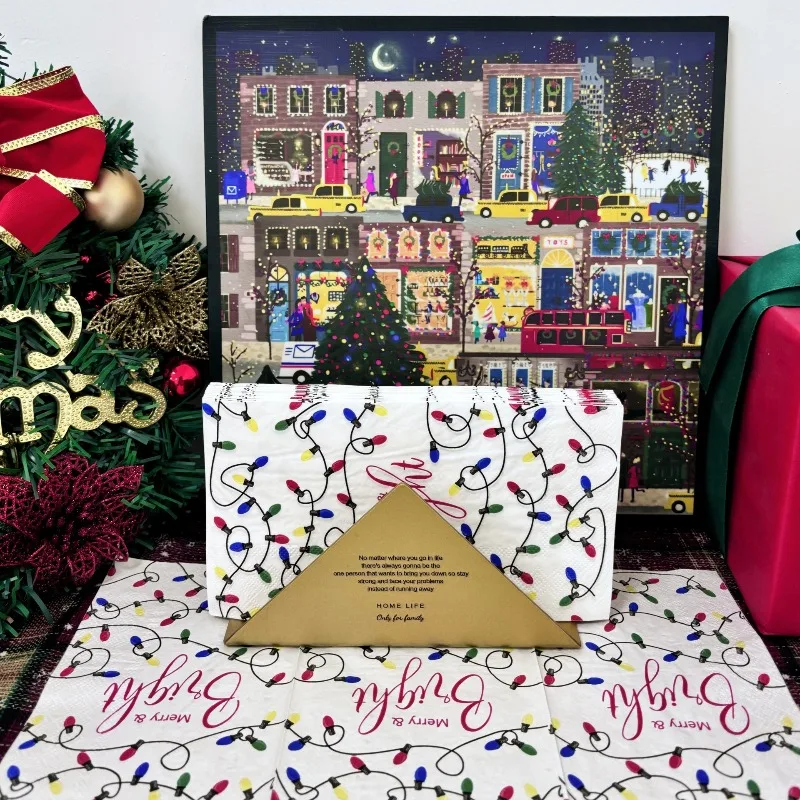 16 قطعة 33*40 سنتيمتر 3-layer عيد الميلاد تحت عنوان المناديل أضواء النيون الملونة ، قاعدة بيضاء المتاح ورقة المفارش DIY Decoupage ورقة