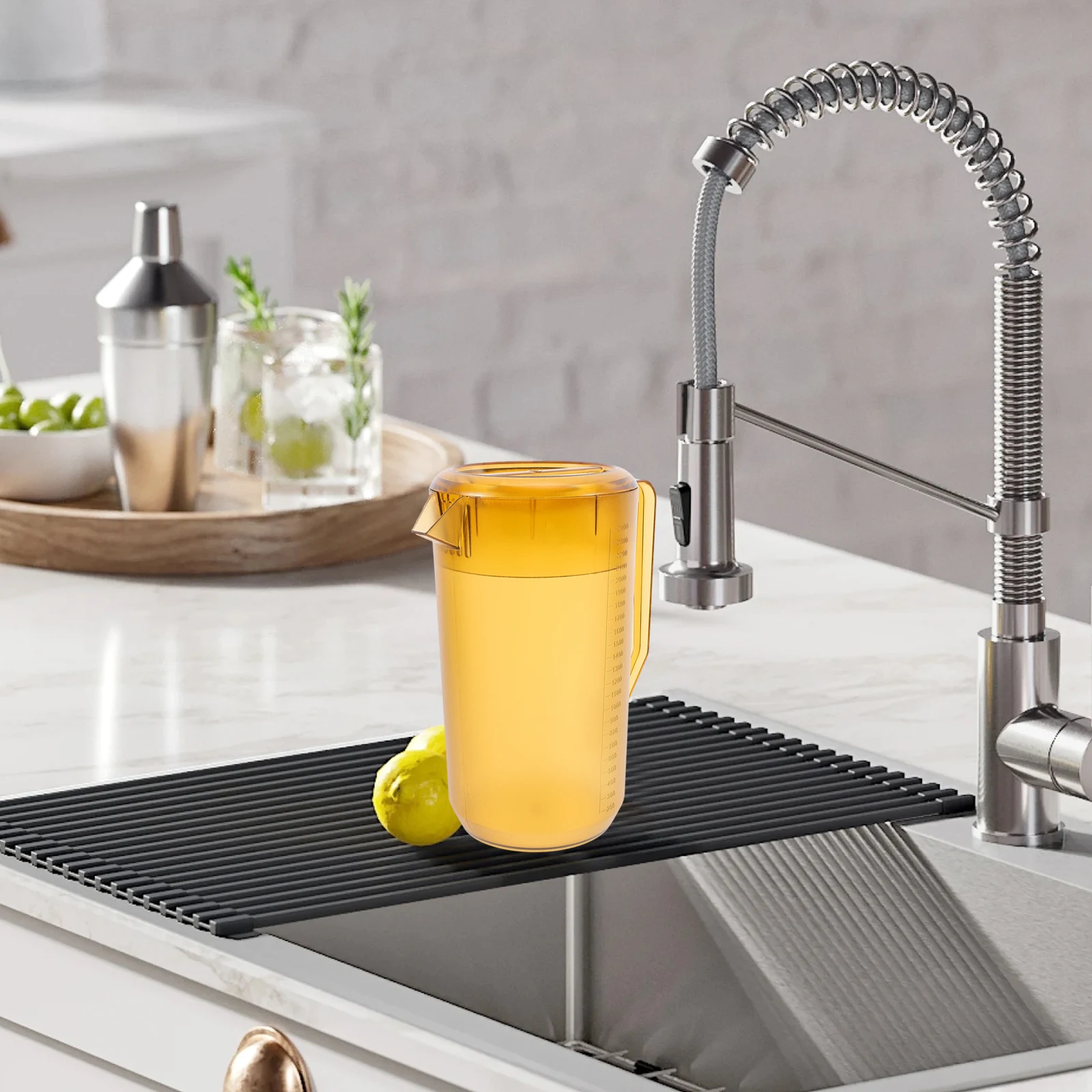 

Plastic Cold Water Pitcher Large Capacity Frosted Design Measurement Markings For Juice Iced Tea Lemonade Beverage Jug