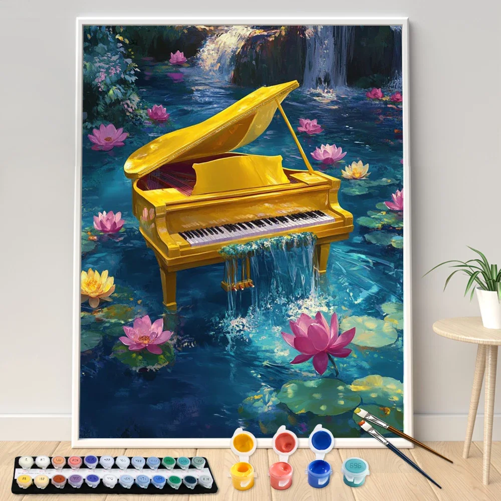 

Ручная роспись Желтый пианино в пруду лотоса Картина по номерам Набор DIY Artwork Canva Art Home Decoration Gift, без рамки