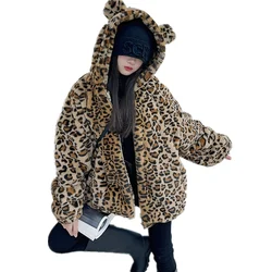 Young Girls Fashion Leopard Fur Coat with Hood Kids Winter Woolen Fur Hooded Jackets Children Streetwear Outerwear Teen Clothing