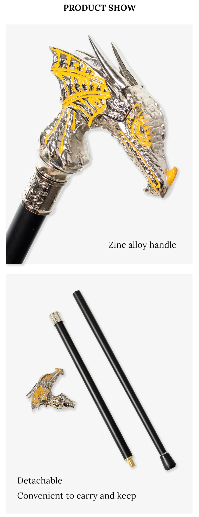92cm Luxury Bright Silver Dragon Head Walking Stick with Yellow Men and Women Vintage Fashionable Decorative Cane Party Cosplay