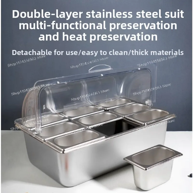 

Countertop 6-Pan Food Container – Cold Serving Buffet Tray & Condiment Dispenser (Salad Dressing/Spice/Fruit)