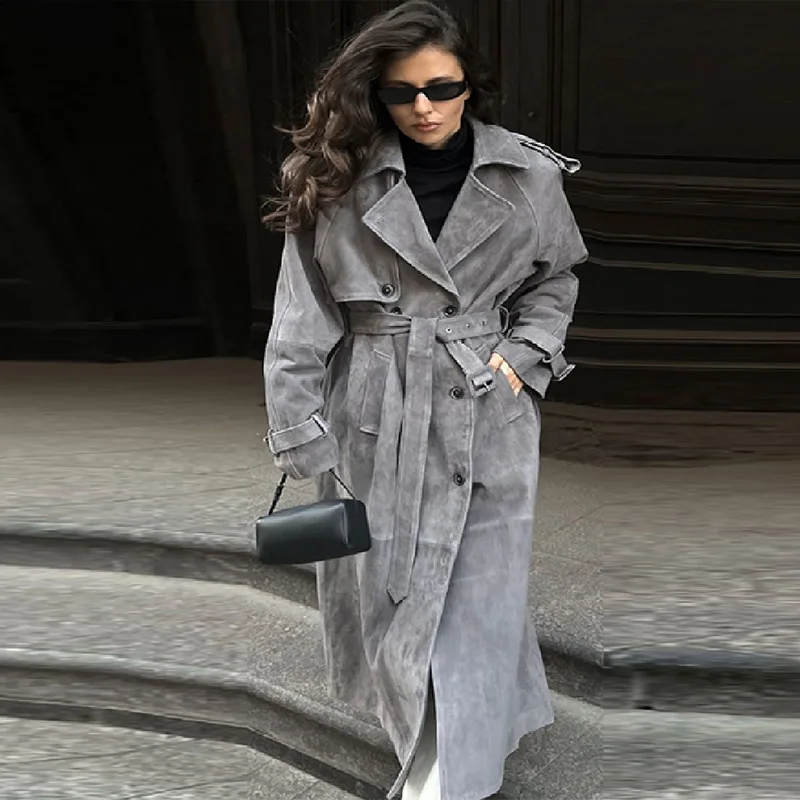 

Faux Suede Belt Long Trench Coat Women Lapel Double Breast Full Sleeve Windbreaker Autumn Winter Lady Commute Coat New