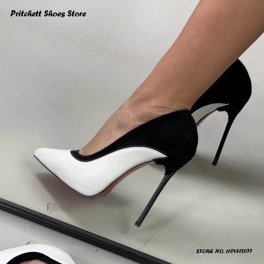 Women's Black and White Leather Pumps Spring Autumn Shallow Thin Heels Party Dress Shoes Elegant Pointed Toe Pull On Stilettos