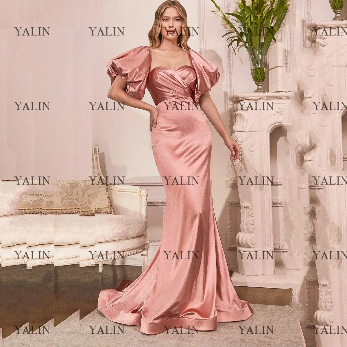 

YALIN Formal Puff Sleeve Prom Dresses Long Strapless Pleated Sheath Evening Gown Floor Length Pink Satin Wedding Guest Dress