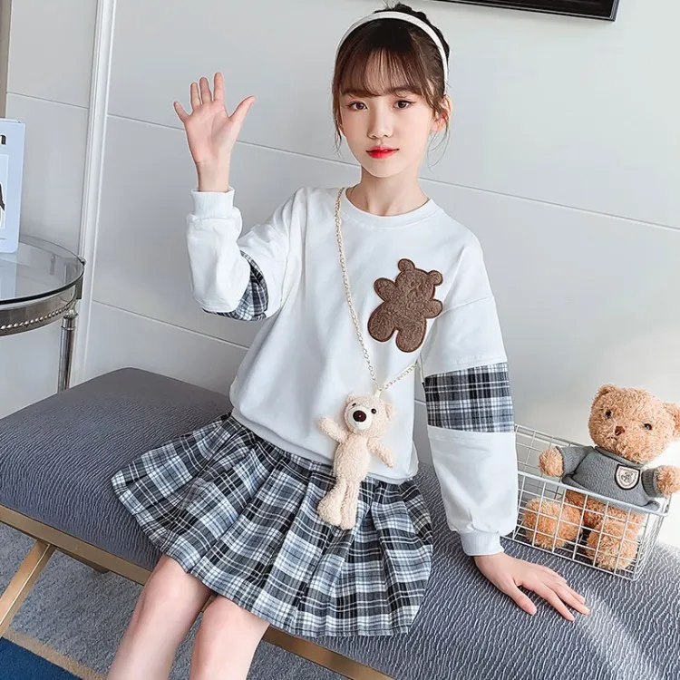 Children\'s Clothing Sets Bear Hoodie Plaid Pleated Skirt 2pcs Sets Kids Clothes Girls 4 To 13 Years Baby Girl Outfit Set