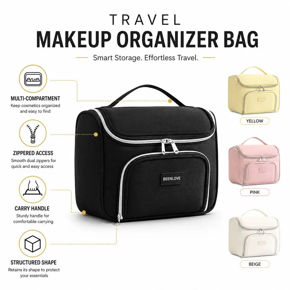Multi Compartment Cosmetic Bag Carry Handle Double Zipper Travel Makeup Case Front Pocket Portable Makeup Organizer Bag
