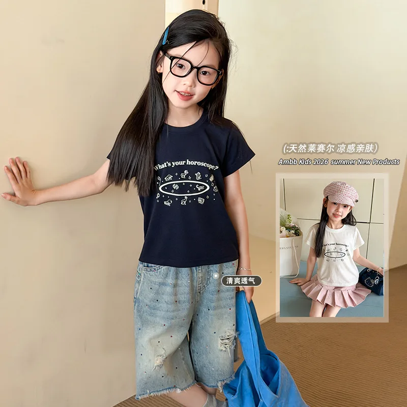Girls Summer Lightweight Cool Breathable Cotton Short T-shirt Starry Sky Print Short Sleeved Shirt for Children