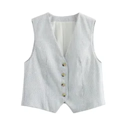 Women Summer Striped Vests Coats Casual V-Neck Single Breasted Waistcoat Female Elegant Street Short Vest Clothing