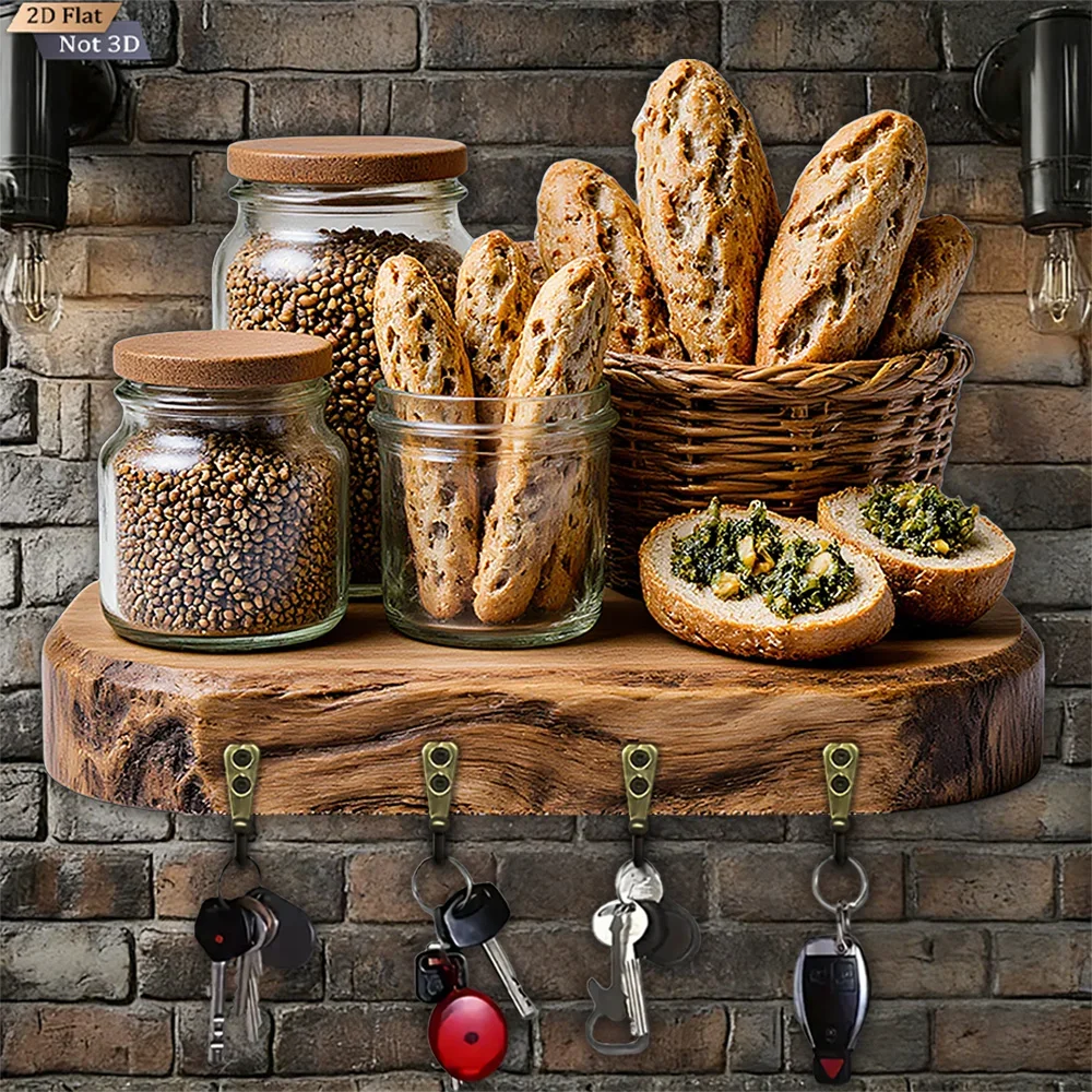 2D Flat, 1pc, No-drill Metal Key Hook, Wooden Multifunctional Home Key Hook, with Four Metal Hooks, Wall Decor, Porch Decor,