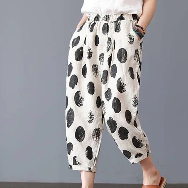 

Women Printed Cotton Harem Pants Elastic High Waist Loose Fit Ankle Length Casual Trousers With Side Pockets Ladies Daily Outdoo