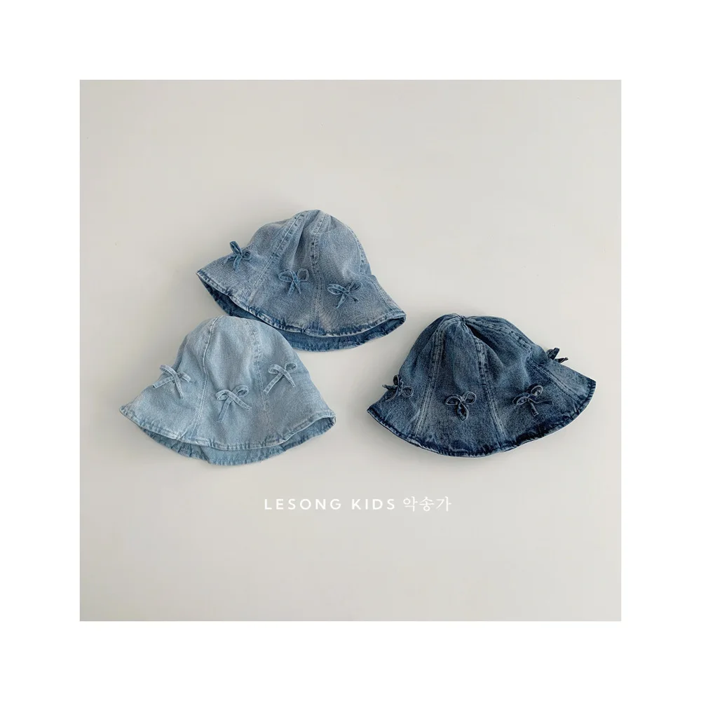 

Cute Bow Denim Kids Bucket Hat Princess Girls Fisherman Hat Fashionable Kids Sun Protection Caps Basin Hat