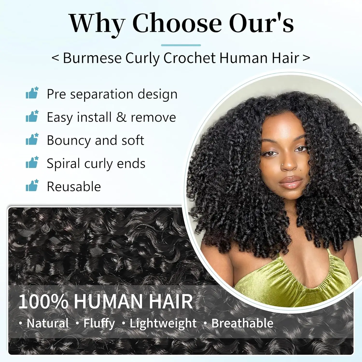 Feather Crochet Human Hair Burmese Curly Crochet Hair for Black Women Unprocessed Human Hair Bulk for Miracle Knots Natural Black Reusable Protective Braiding Hair 18 18 18inch