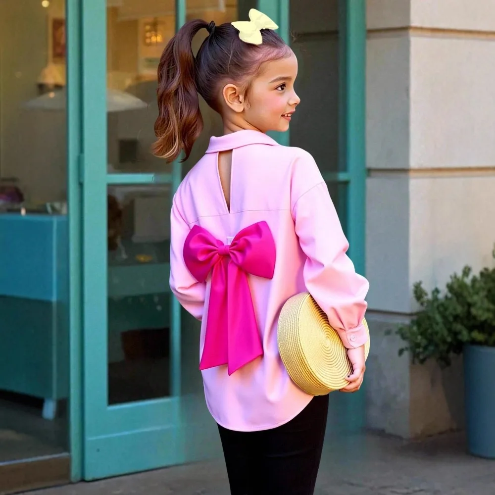 Sweet Style Girls Long Sleeve Shirt Big Bow Embellished Back Hollow Out Lapel Loose Drop Shoulder Button Casual Blouse