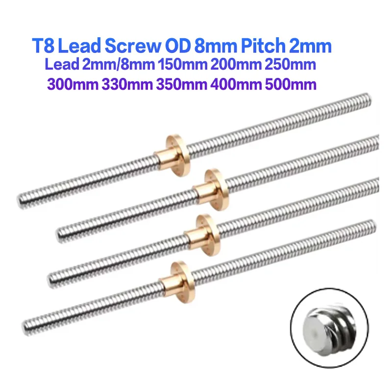 

T8 Lead Screw With Brass Nut OD 8mm Pitch 2mm Lead 2mm/8mm 150mm 200mm 250mm 300mm 330mm 350mm 400mm 500mm For Reprap 3D Printer