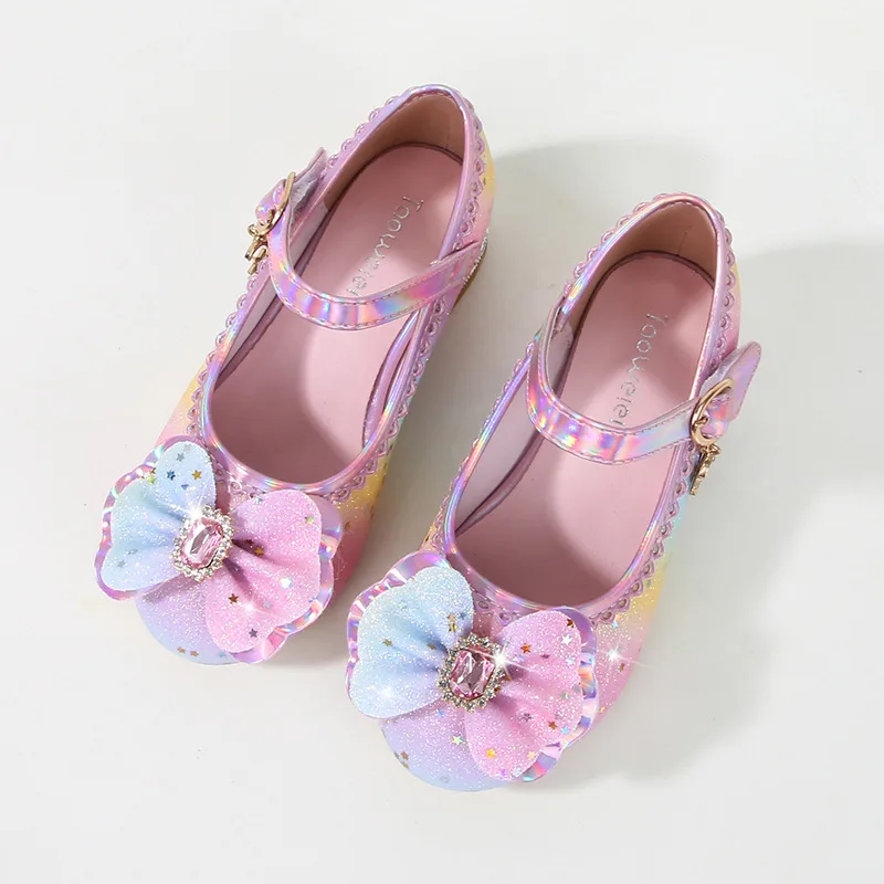 2025 Spring Summer Girls Rainbow Princess Shoes Fashion Glitter Bowknot Children Crystal Leather Shoes Sequins Kids High heels