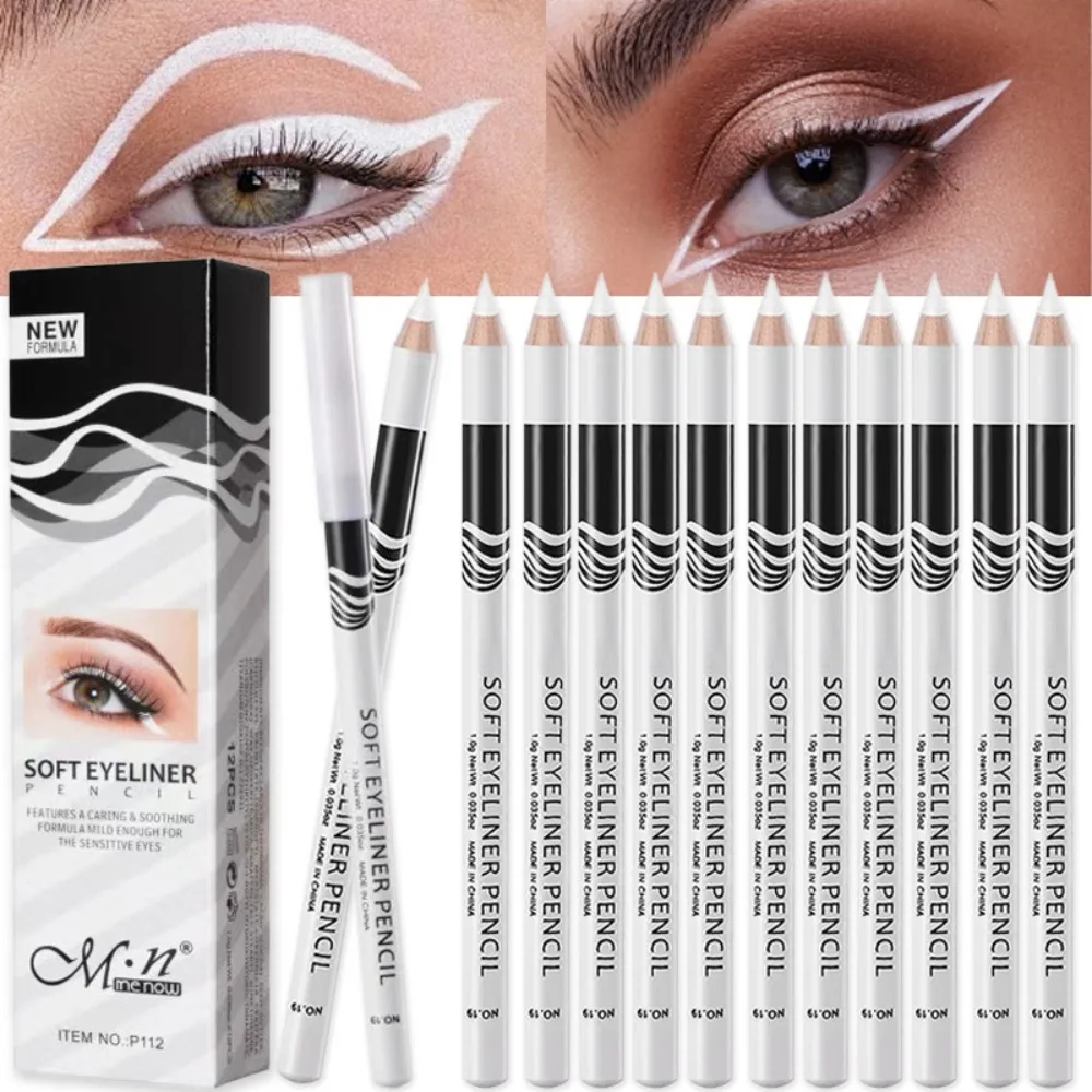 12pc/set White Eyeliner Makeup Smooth Easy To Wear Eyes Brightener Highlighter Waterproof Long Lasting Lying Silkworms Pencil