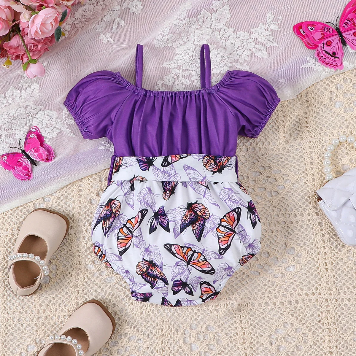 Baby Girl Summer Jumpsuit Casual Solid Color with Lantern Sleeves Butterfly Print Triangle Design And Suspender Fashion Outfit