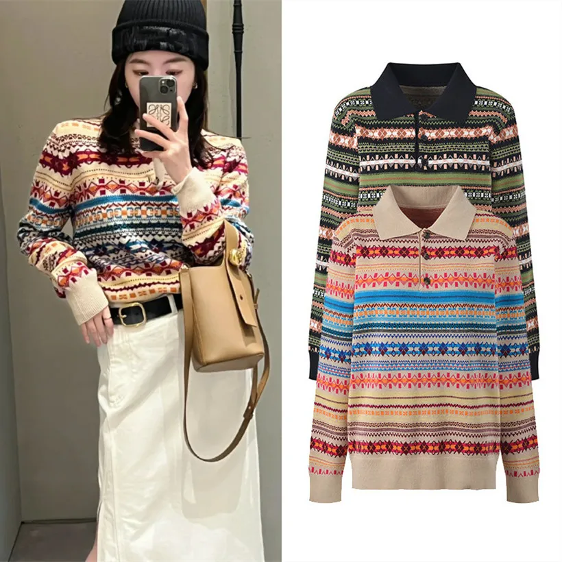 

High-End Autumn Winter Casual Loose Women's Knitted Sweater Fair Isle Collar Vintage Color Blo Knitwear Sweet Sle Long Sl...