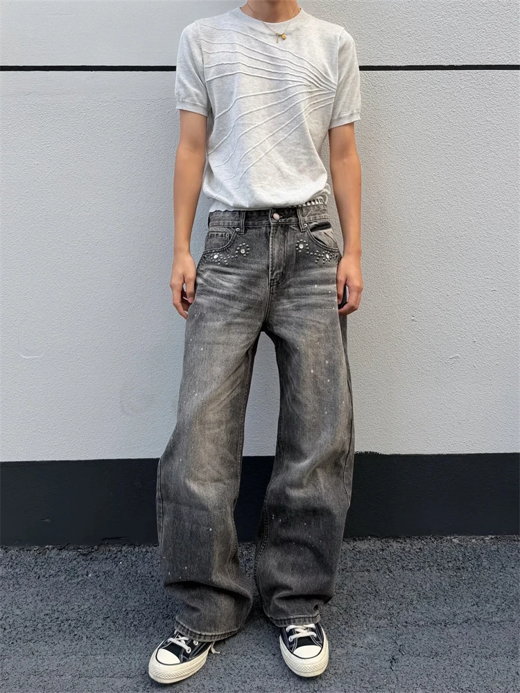 Men's Retro Black Grey Jeans 90s Boys Bottom High Waist Sweatpants Y2k Wide-leg Denim Trousers Male Casual Pants