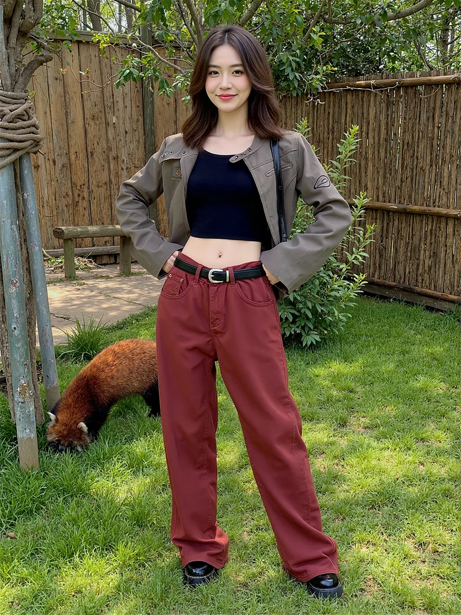Boden, weites Bein, rot, lockere Jeans für Damen, braun, Kaffeefarbe, Passform, lässig, hohe Taille, modische Damenhose, Streetwear, bequem
