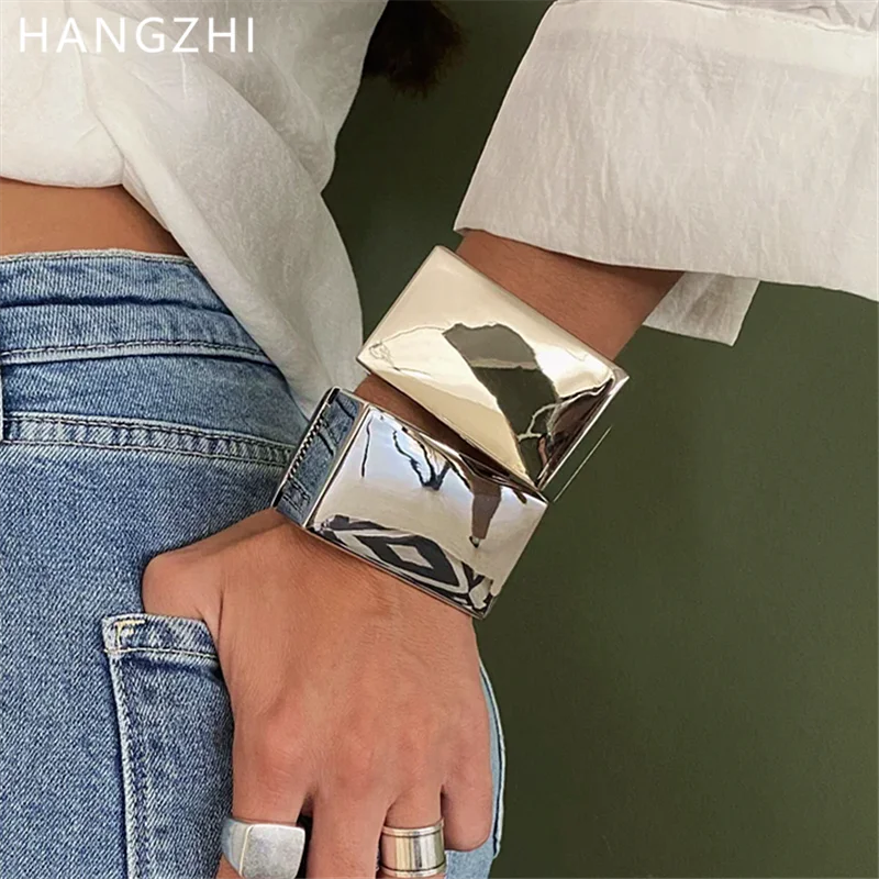 HangZhi Punk Rectangle Geometric Cuff Bracelet for Women Men Stacked Wear Statement Oversize Bangles Chunky Charms Jewelry