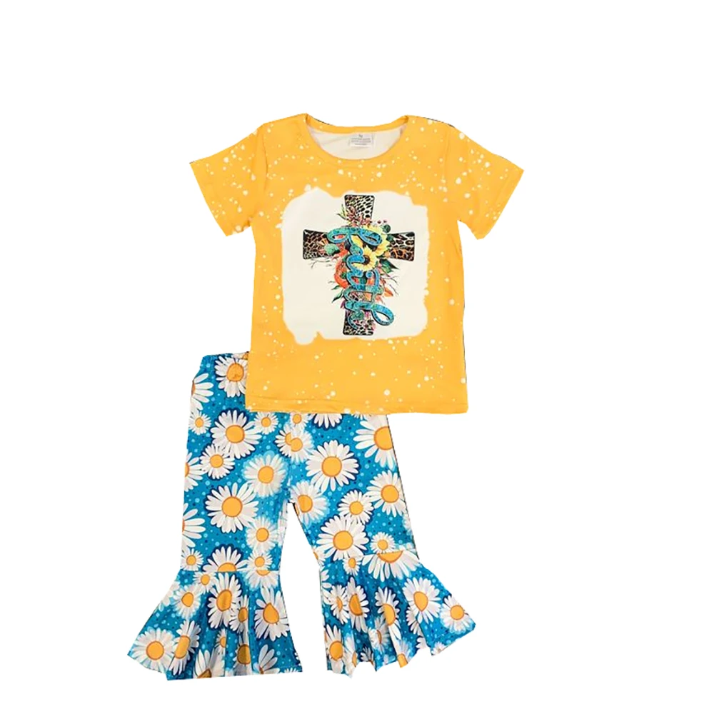 

Easter Kids Clothing Summer Baby Girls Kids Boutique Printed Cross Short Sleeve Top Flared Pants Set