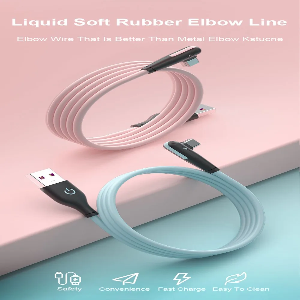 Data Cable Data Cord Type C Elbow Fast Charging Cord Soft Silicone USB C Cable 5A Type C Cable 90 Degree Charger Cable