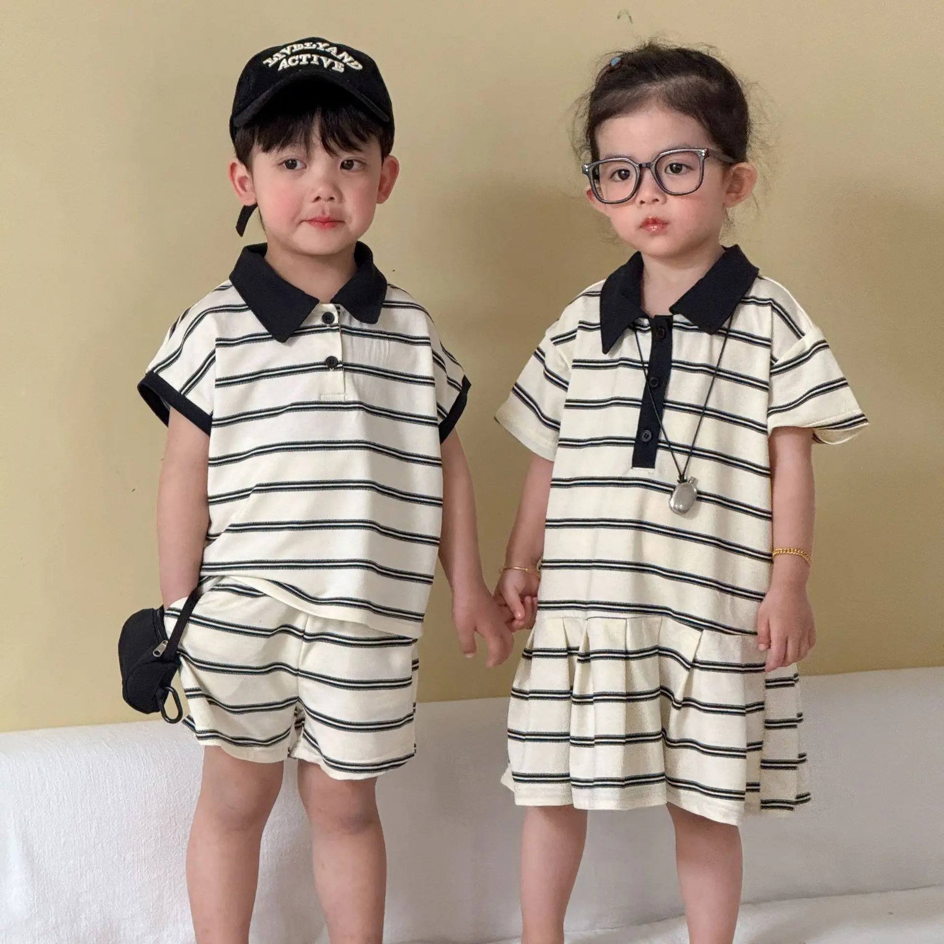 2026 Summer New Children Short Sleeve Striped Clothes Set Boys Girls Brother Sister Outfits Kids Polo Shirts + Shorts 2pcs Suit