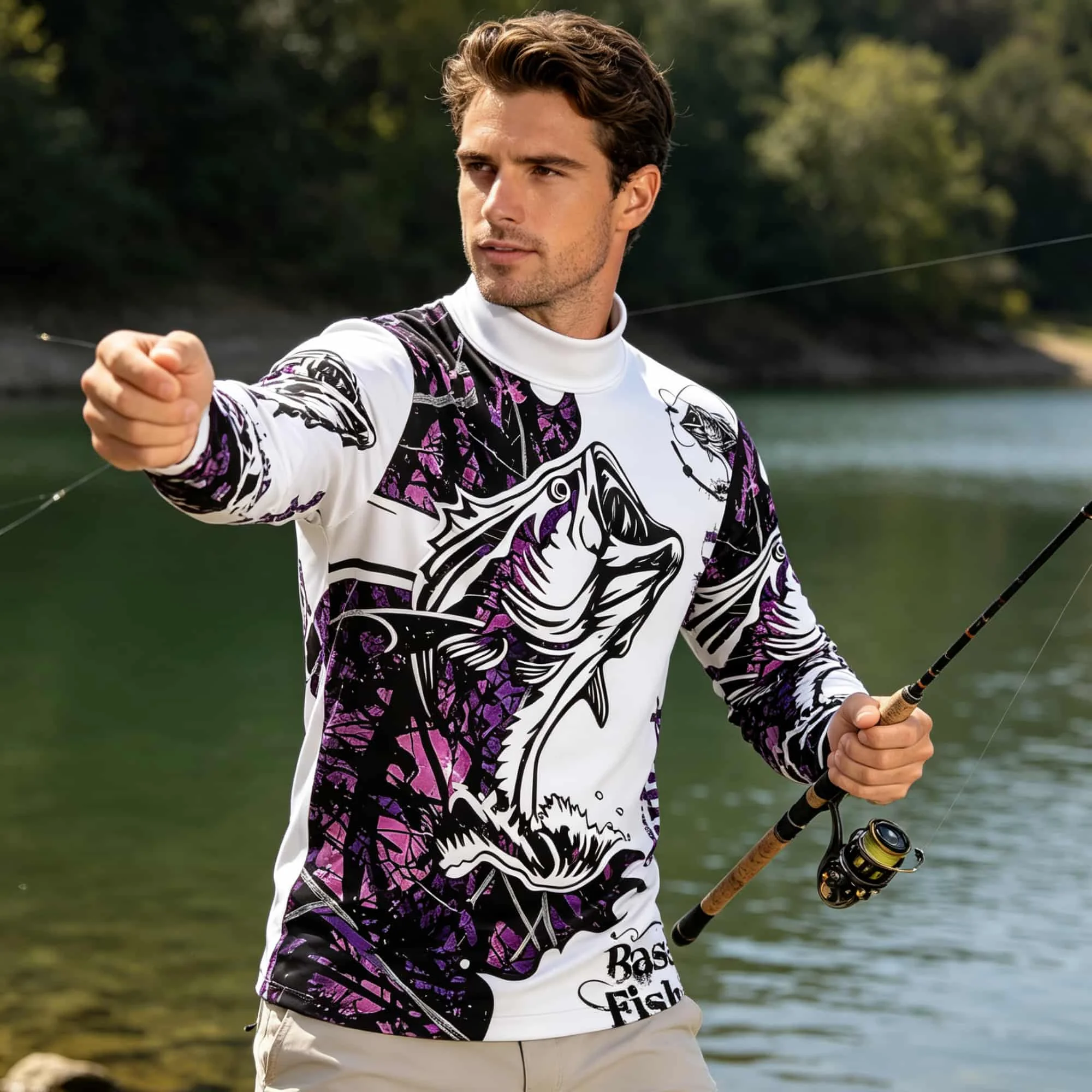 Breathable Men Outdoor Fishing Shirt Mock Neck Long‑Sleeve Tee Retro Camo Fish Print Skin‑Friendly Sport Top For Travel Recreat