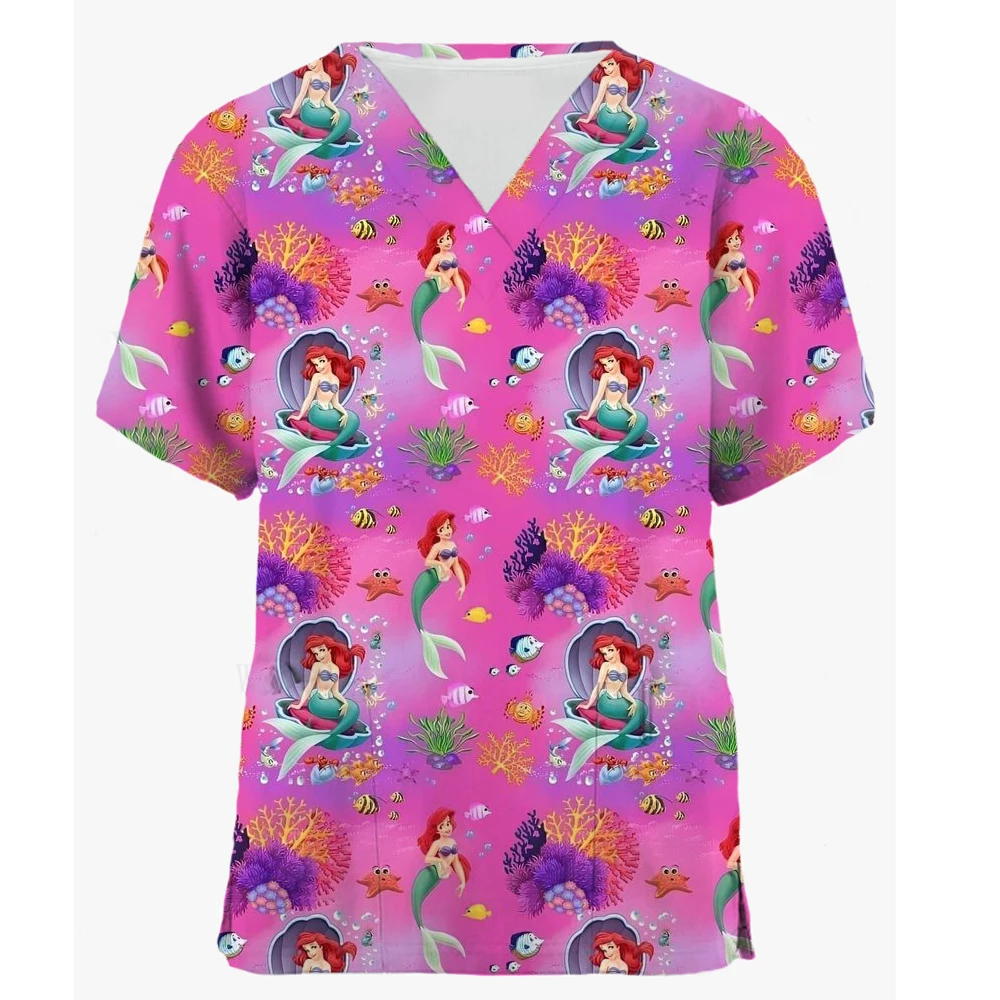 

Miniso Womens Short Sleeve V Neck Disney Princess Print Nursed Working Blouse Pockets Mock Hospital Nursing Uniform Accessory