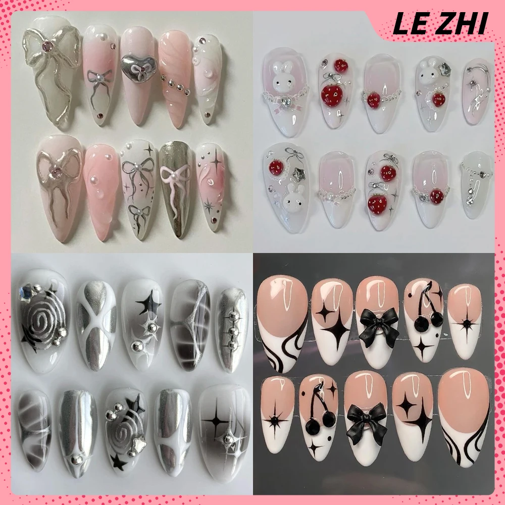 

3D Bow Pearl Nail Art Balletcore Shining Rhinestone Marine Elements Decor Long Coffin Press On Nails for Women Stylish Party