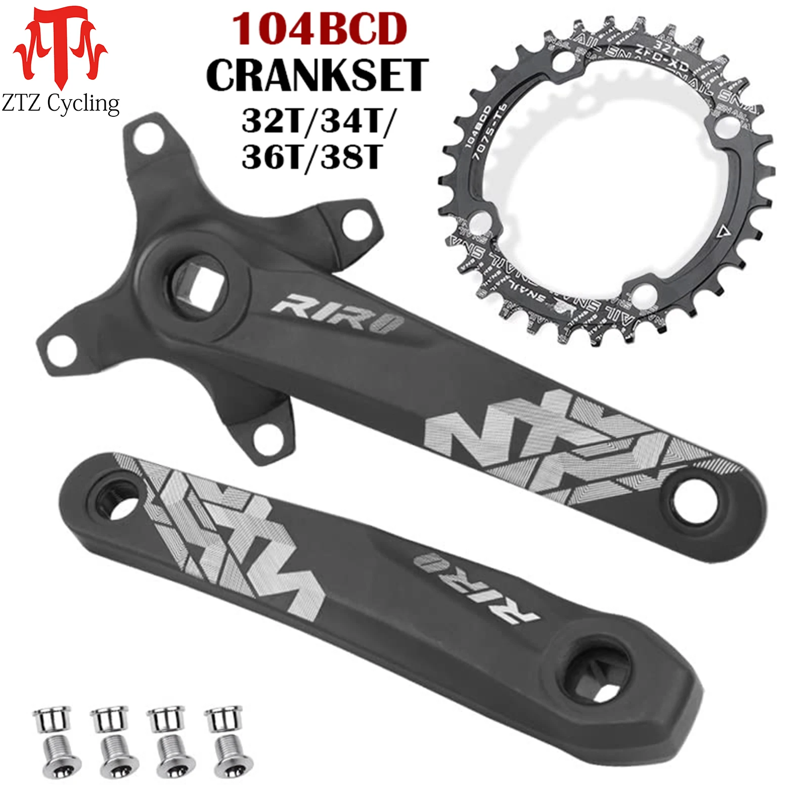 

ZTZ MTB 170mm Square Crankset with 104 BCD 32/34/36/38T Chainring, Aluminum Alloy Crank Narrow Wide CNC Round Chainring Bolts