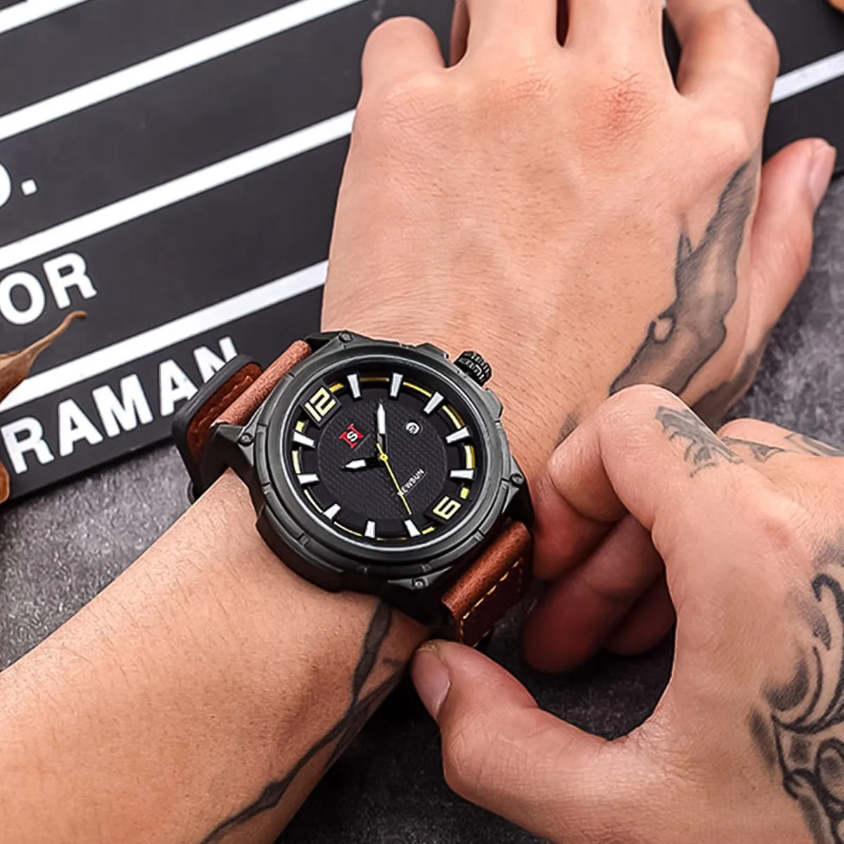 ساعة كوارتز جلدية للرجال الأكثر مبيعًا، قرص كبير مع علامات ساعة ثلاثية الأبعاد لأسلوب العمل العصري #3