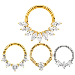 ASTM F136 Titanium EAR Nose Ring PIERC with CZ Segment Hoop Ring Face Hinged Segment Clicker Labret Cartilage Piercing Jewelry