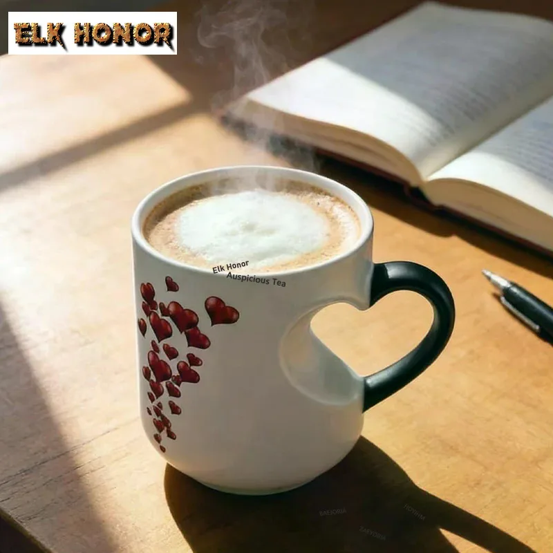 ZAEYORIA 320ML Heart-Shaped Color Changing Magic Ceramic Mug Funny Coffee Cup With Handle That Reveals Surprise Design