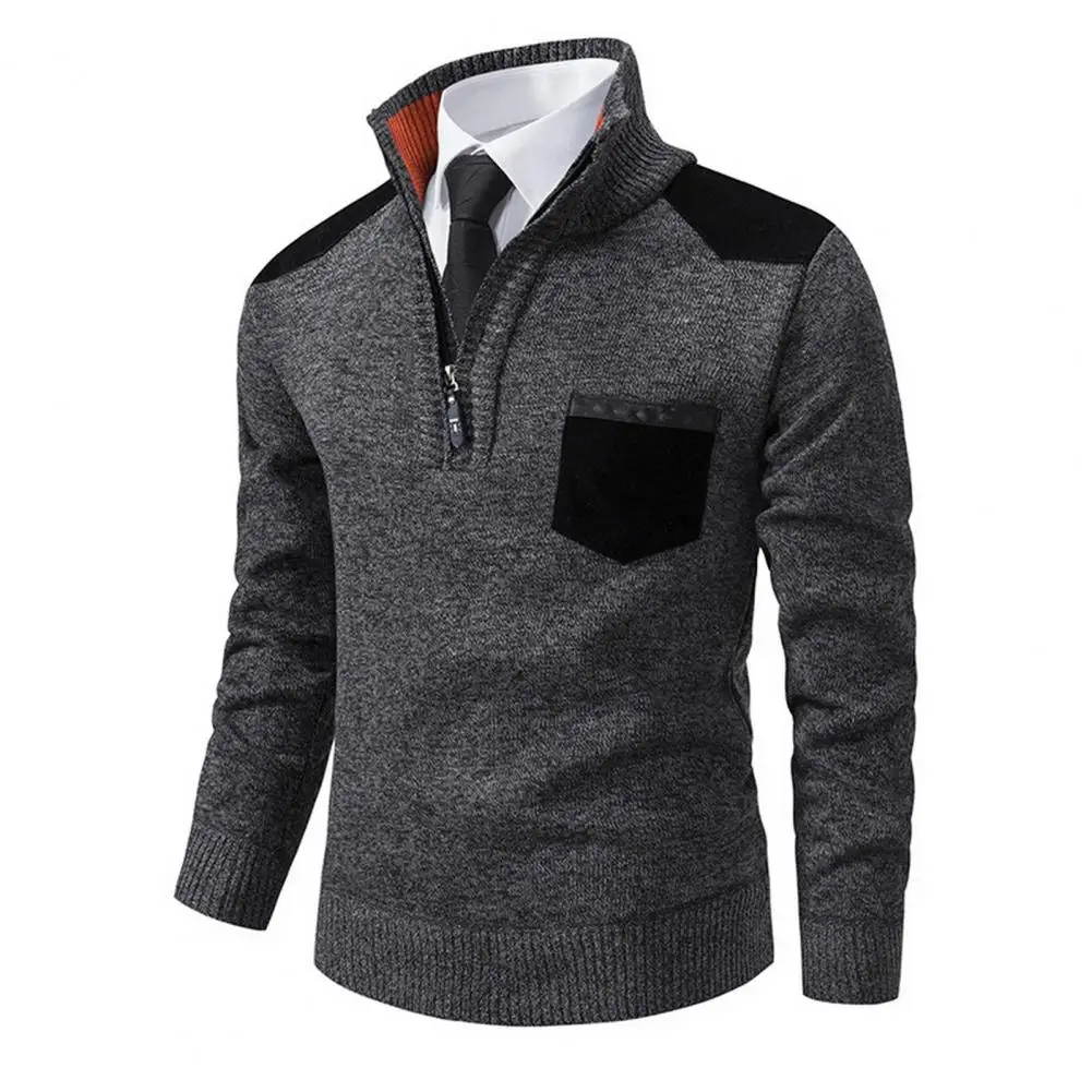 Men Winter Sweater Men's Zippered Stand Collar Sweater with Chest Pocket Slim Fit Knitted Pullover for Fall Winter Warm Stylish