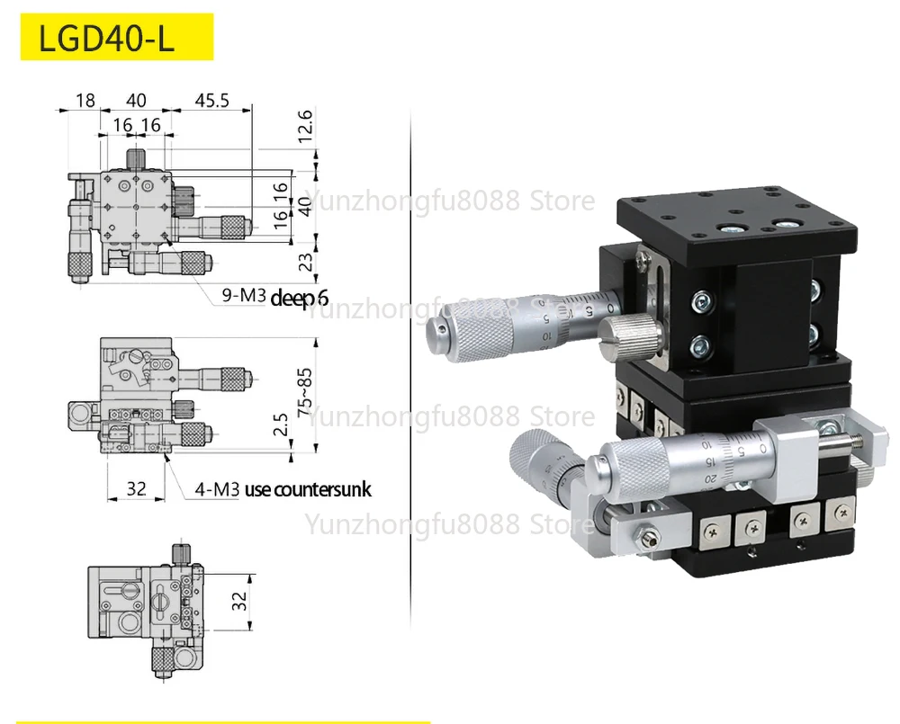 XYZ Axis 40x40mm LGD40-L Fine Tuning Trimming Station Manual Displacement Platform Linear Stage Sliding Table Steel Ball Type