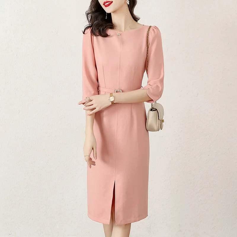 Women\'s Elegant Monochromatic Commuter Dress Slim Fit Belt French High End Design Korean Fashion Summer Luxury New 2024