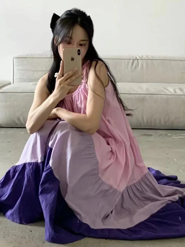 Chic Autumn New Gentle Vacation Style Patchwork Color Loose Dress Strapless Dress Korean Style Spring Summer Fall Winter Dress