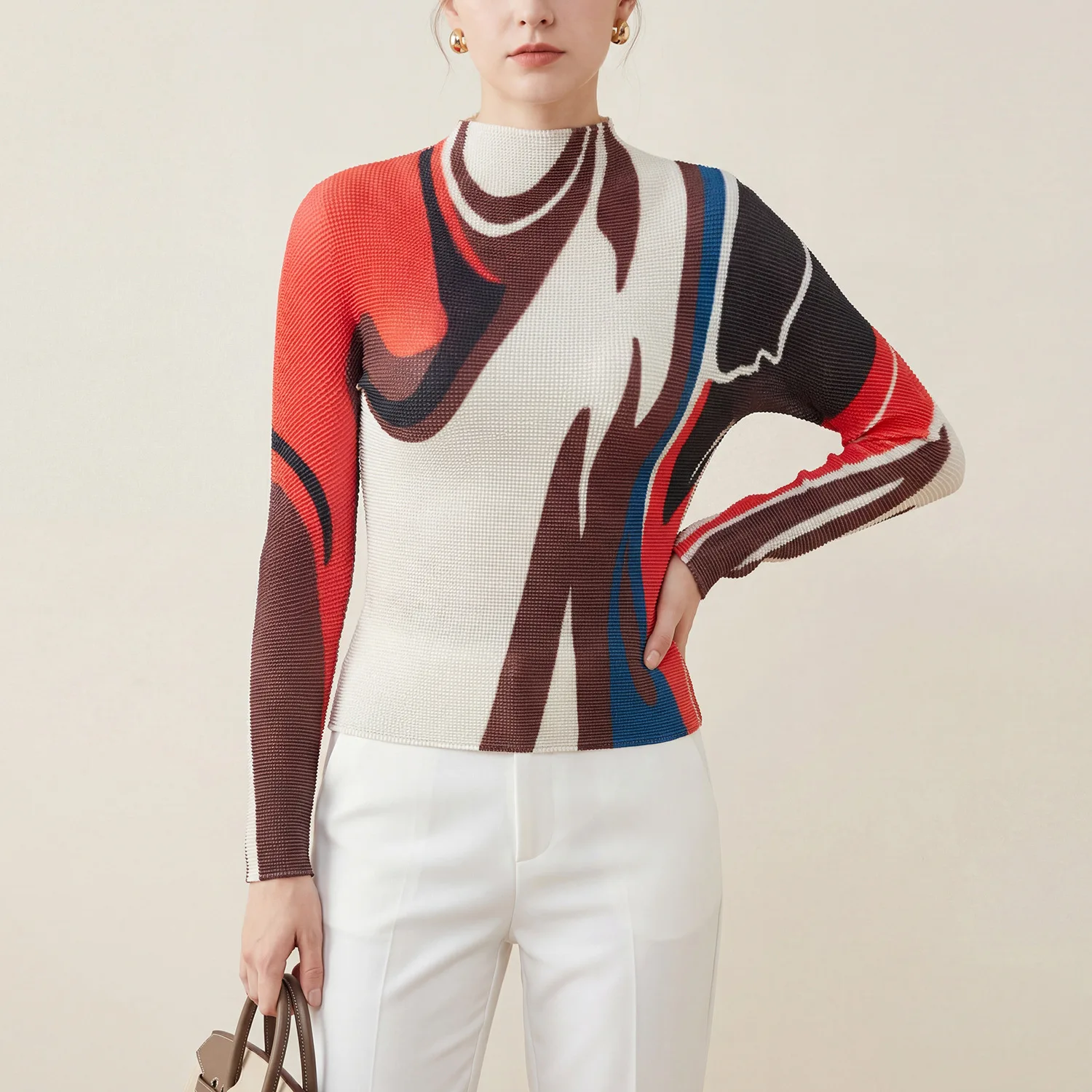 

Miyake Pleated New 2026 Casual Wind Advanced Versatile Pleated Top Fashion Printed Long-sleeved Pullover Bottoming Shirt Female