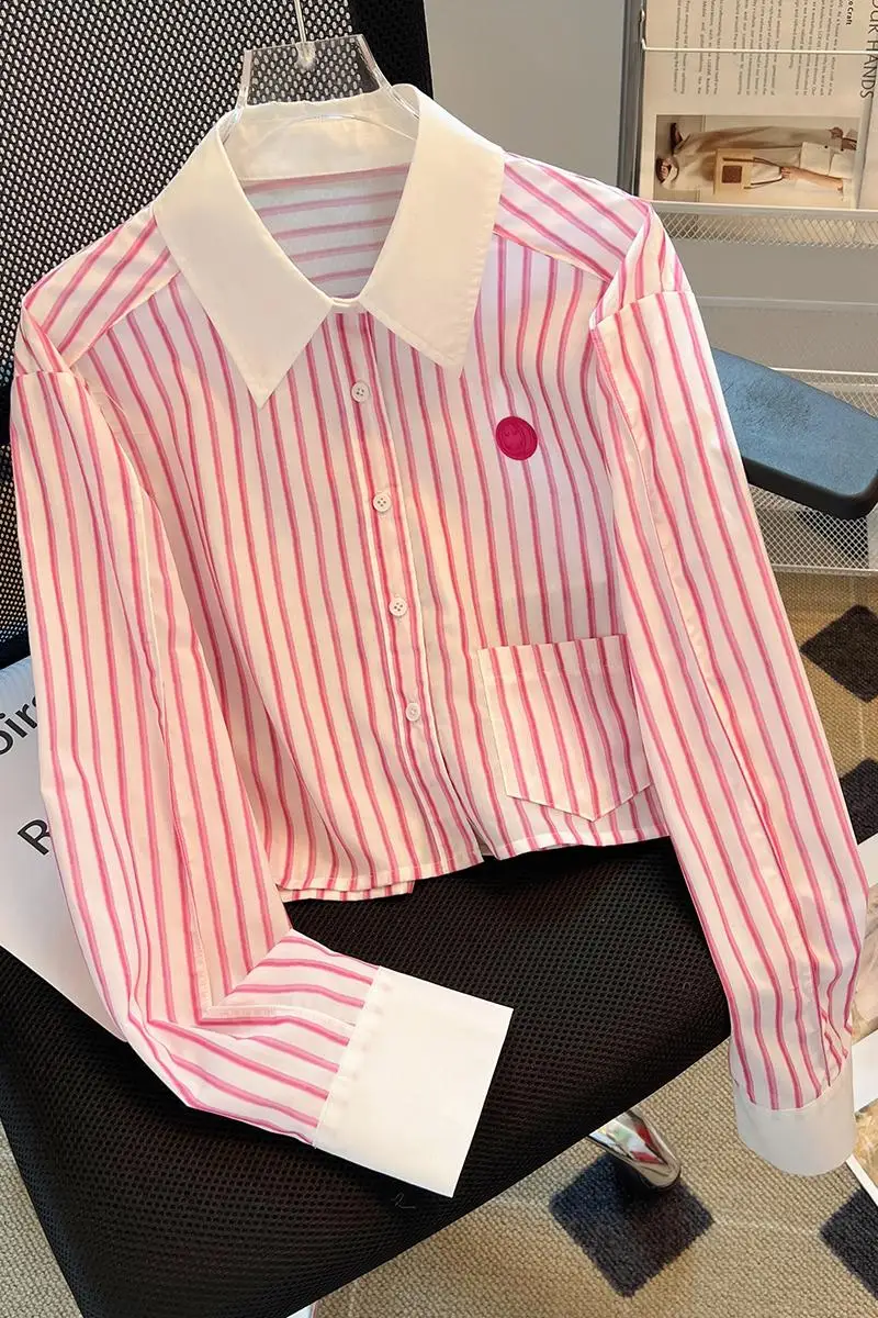 Bomon Korean version pink striped short lapel shirt women 2024 spring and autumn new advanced pocket long sleeve loose shirt