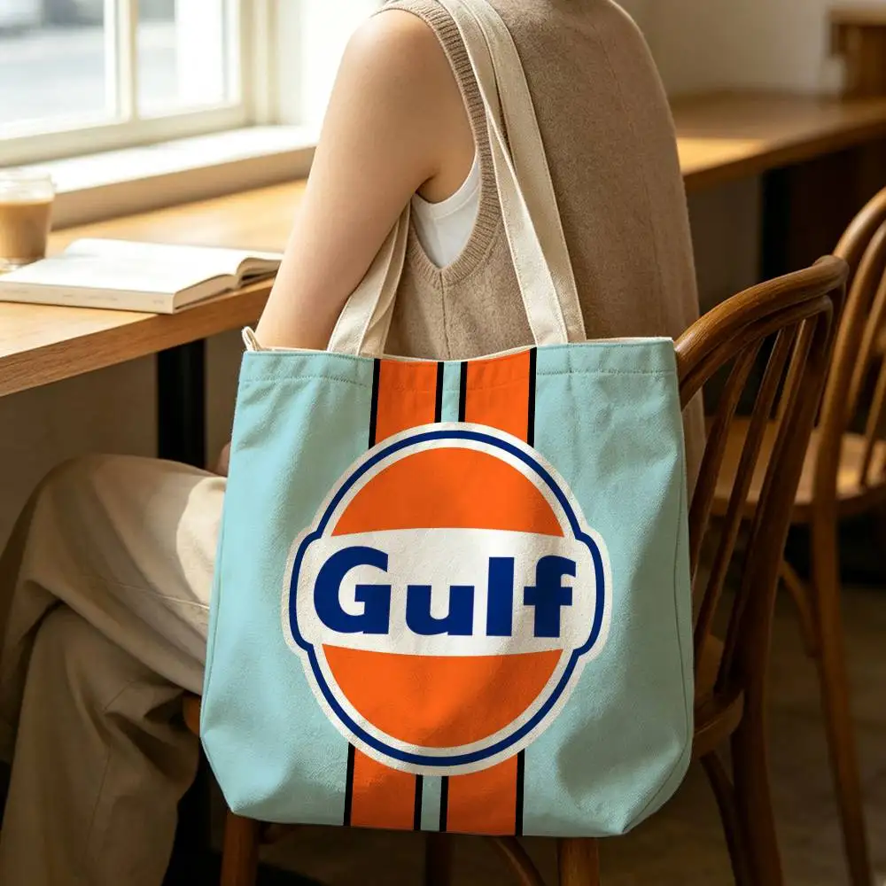 Gulf Racing Car Logo Tote Bag for Women Reusable Shopping Tote Bag Zippered Shoulder Bags Print