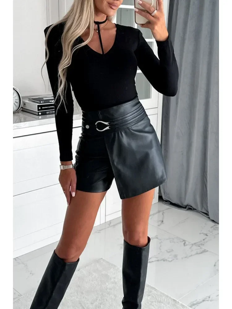 Women\'s S-XL size Fashion Leather Short Casual Solid Color Versatile Short Leather Pants Spliced Mid Waist Straight Leg Pants